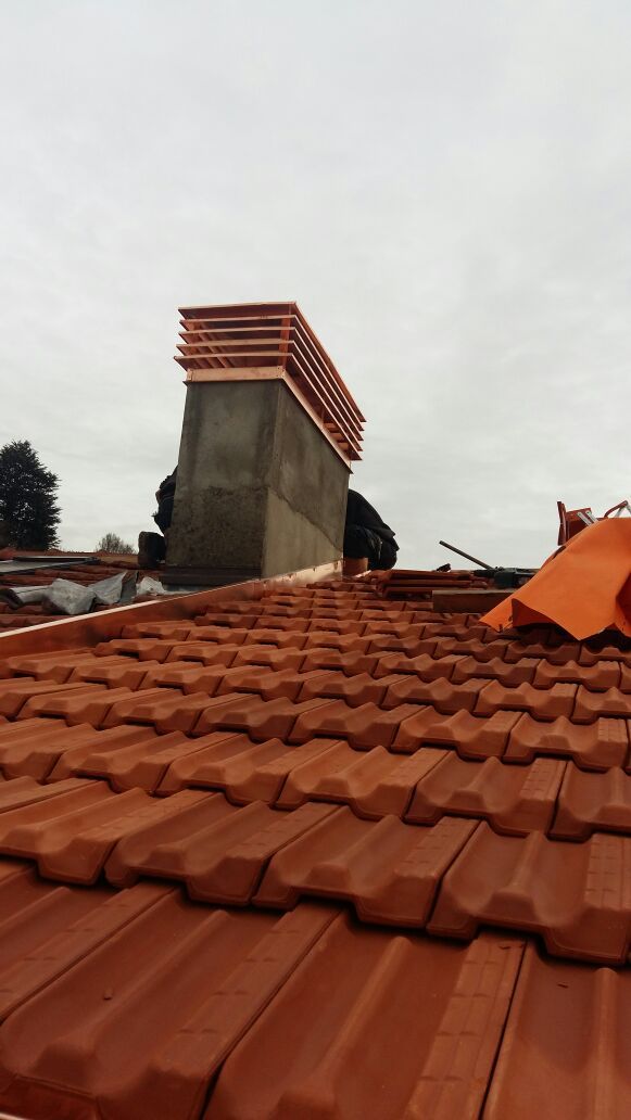 Un camino è posizionato in cima a un tetto di tegole.